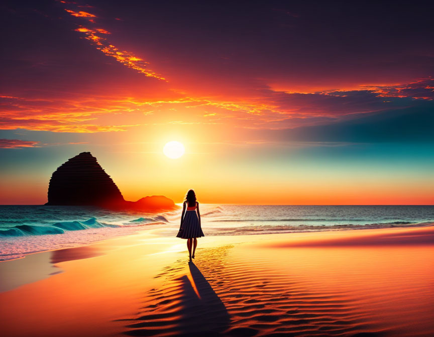 Woman standing on beach at sunset with waves and rock formation in sea, vibrant orange sky.