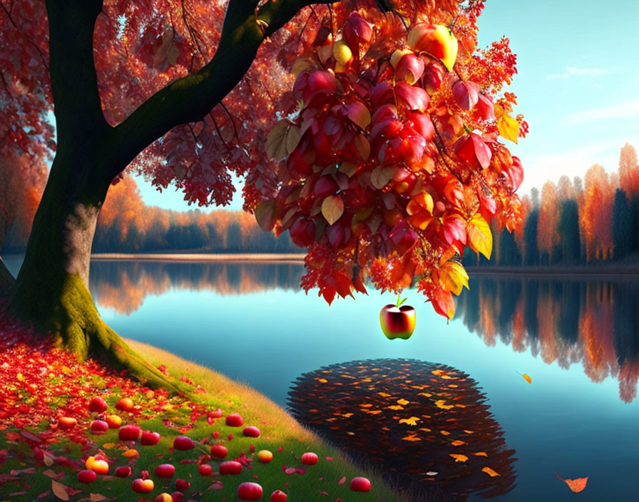 Colorful autumn tree by lake with red leaves and apple - serene nature scene