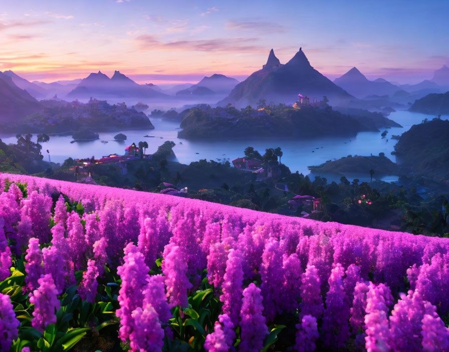 Scenic Sunrise with Purple Flowers, Lake, Mountains & Settlements