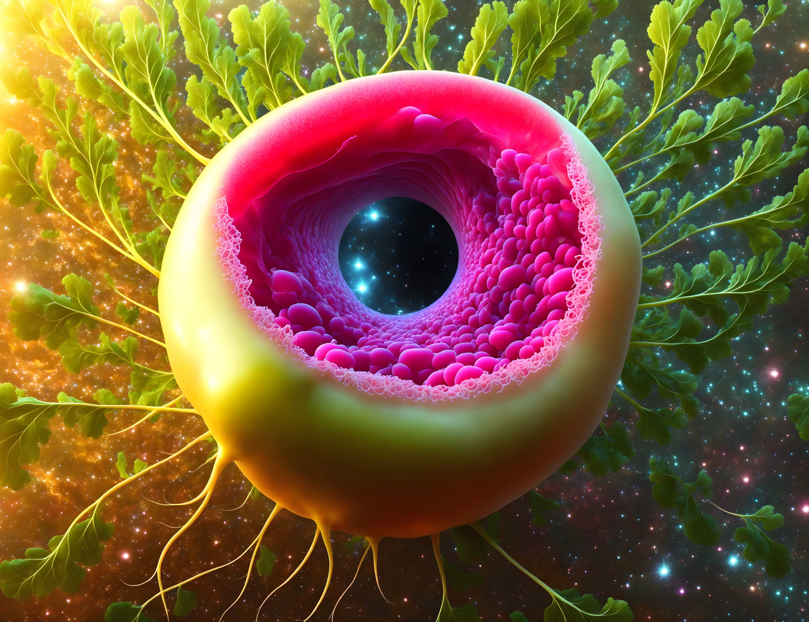 Vibrant surreal image: Giant colorful eye structure with cosmic background