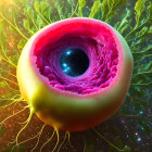 Vibrant surreal image: Giant colorful eye structure with cosmic background