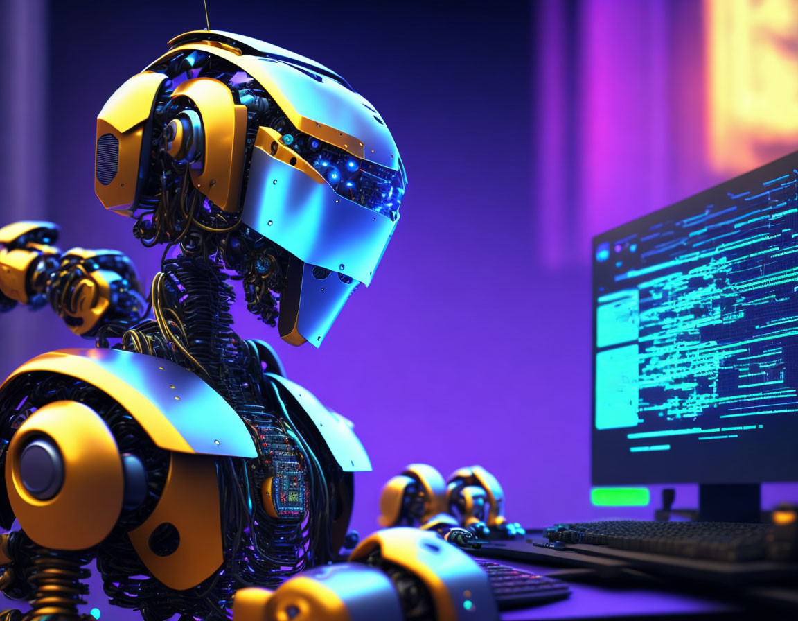 Detailed futuristic robot examining code on computer screen in purple-lit room