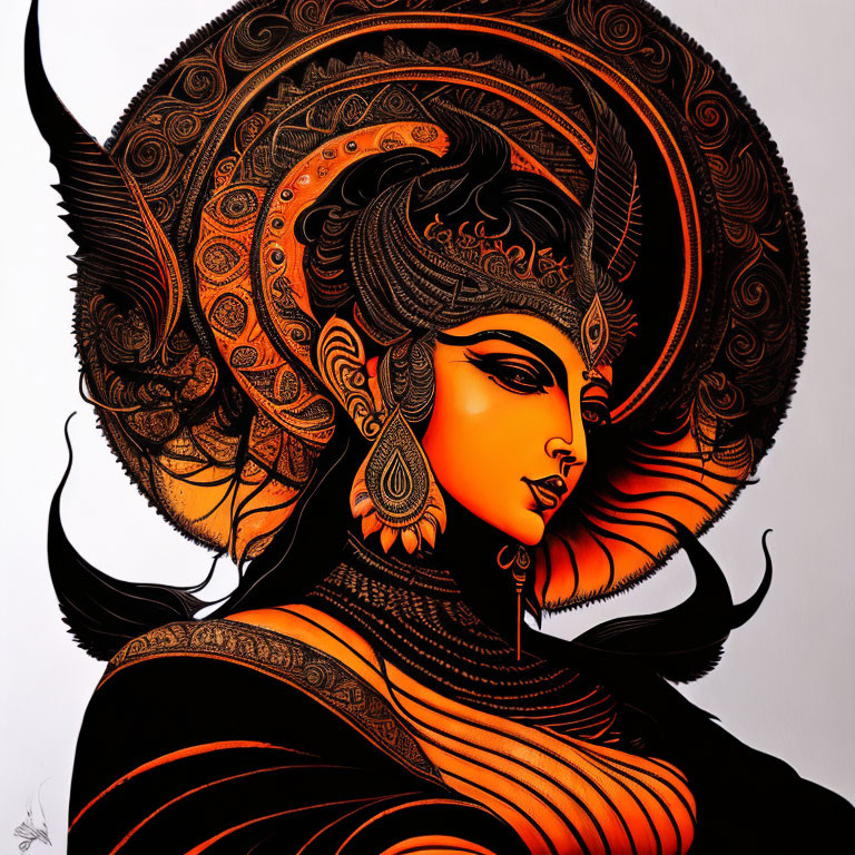 Stylized female figure with intricate patterns on light background