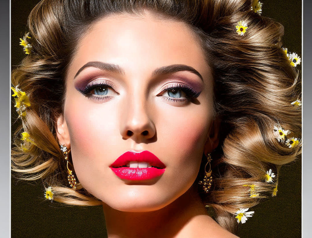 Close-up portrait of woman with styled hair, adorned with small flowers, dramatic makeup.