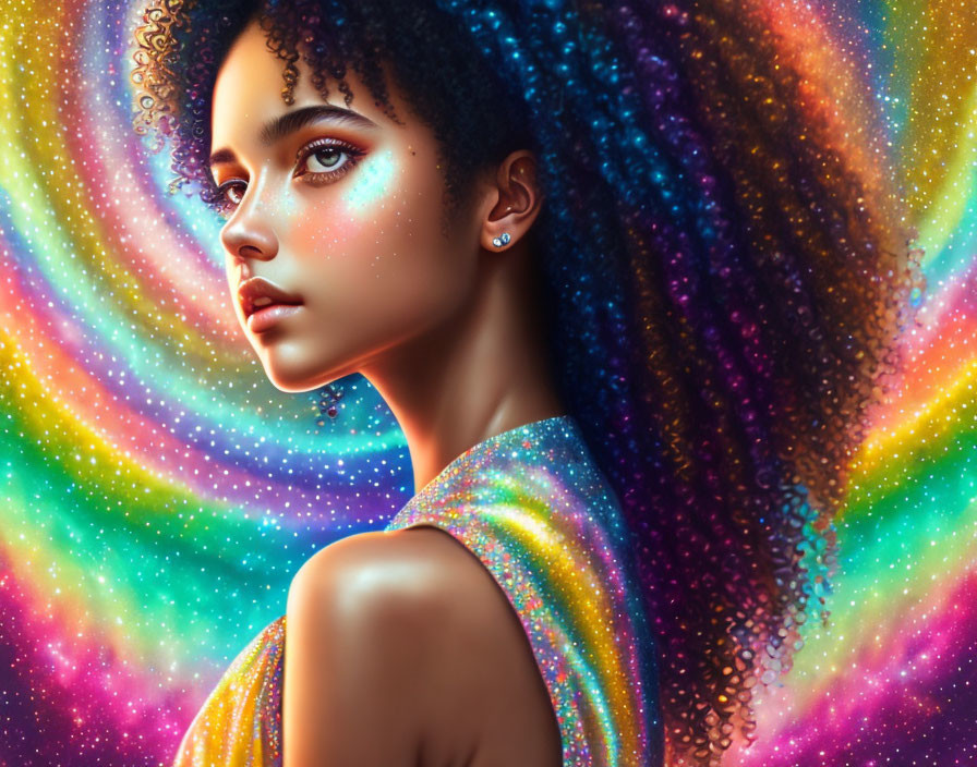 Portrait of Woman with Curly Hair in Cosmic Background