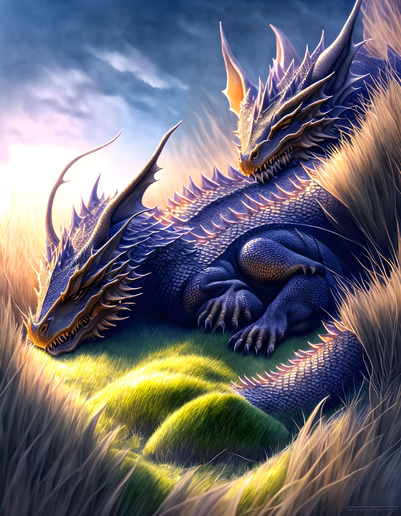 Blue dragon with horns and spikes in golden grass at sunset