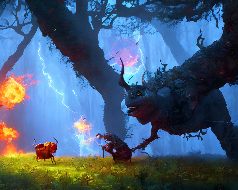 Fantasy forest with magical creatures: tree with a face, fiery sprite, wizard casting spell.