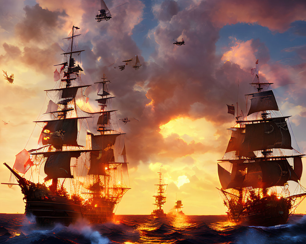 Tall Ships and Steampunk Airships Battle at Fiery Sunset