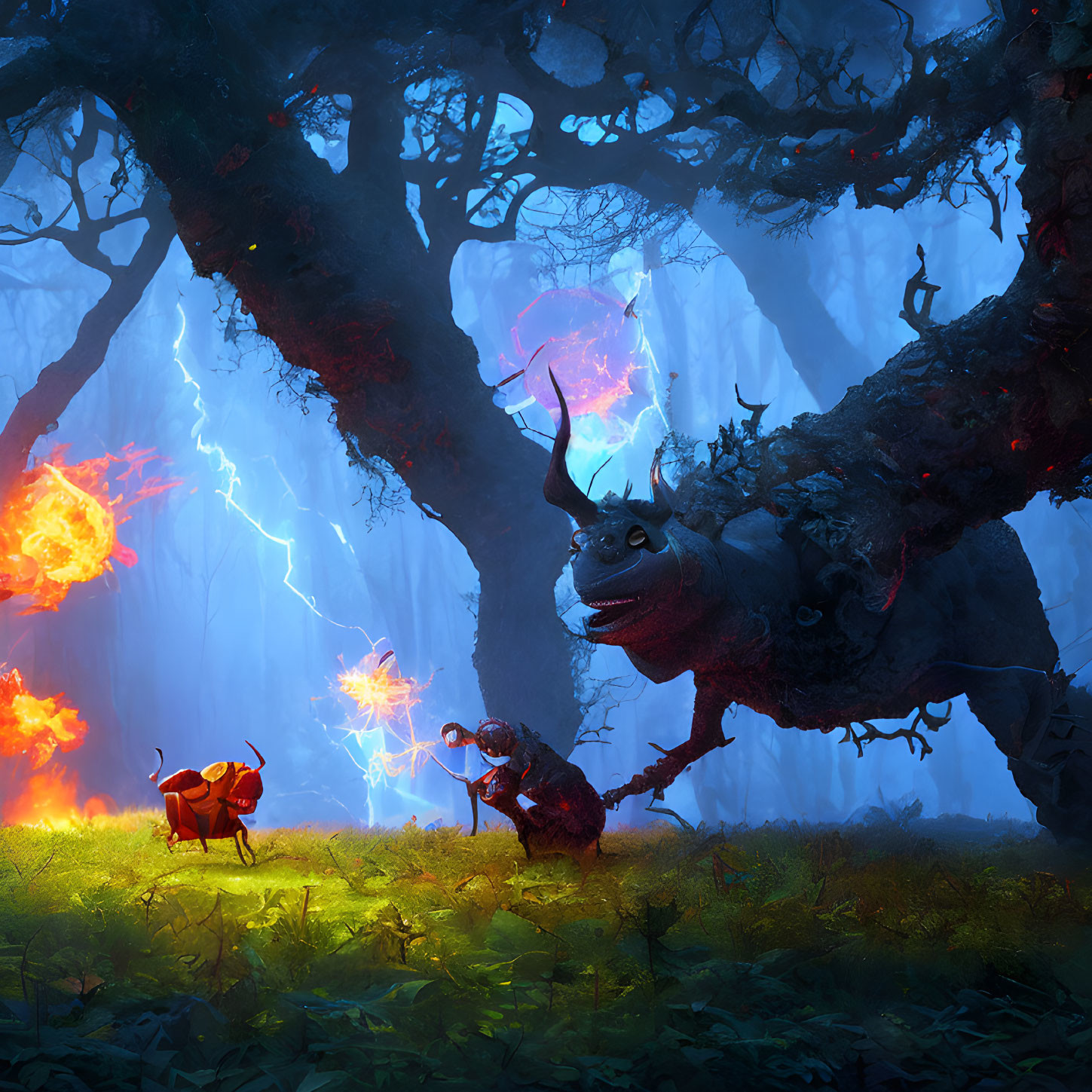 Fantasy forest with magical creatures: tree with a face, fiery sprite, wizard casting spell.