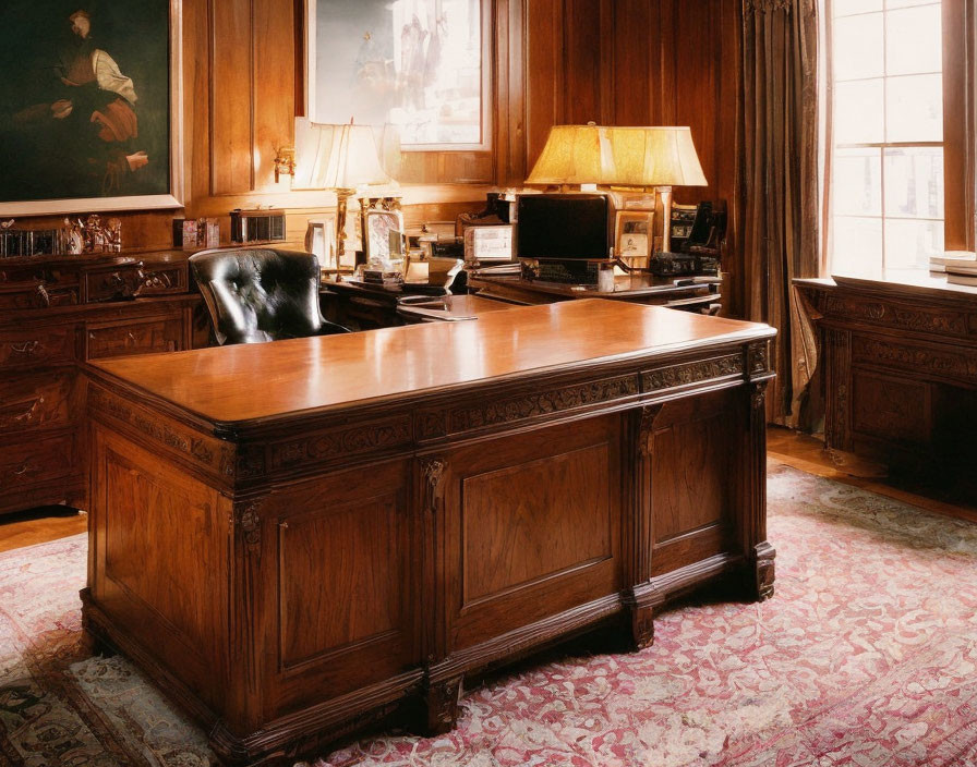 Traditional Office with Wooden Desk, Leather Chair, Paneled Walls, and Ornate Rug