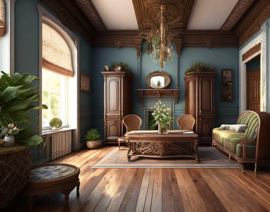 Vintage room with blue walls, wooden furniture, chandelier, green armchair, and potted plants