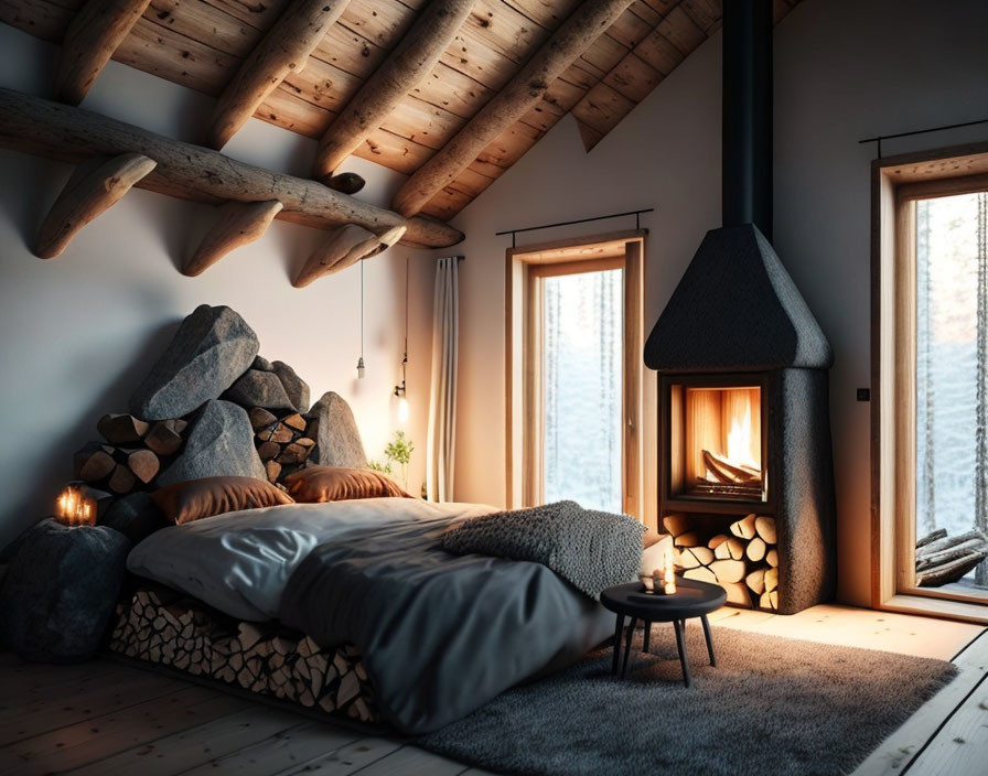 Rustic Wood Beams, Modern Fireplace, Plush Bedding: Cozy Bedroom Design