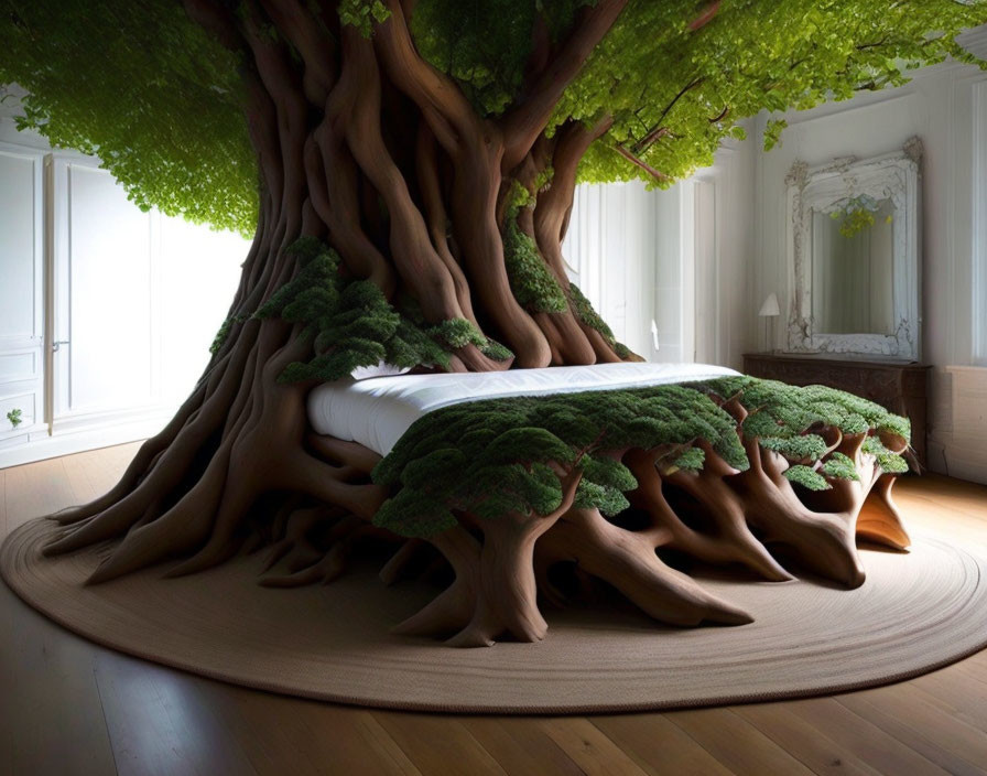 Realistic tree sculpture bed in whimsical bedroom