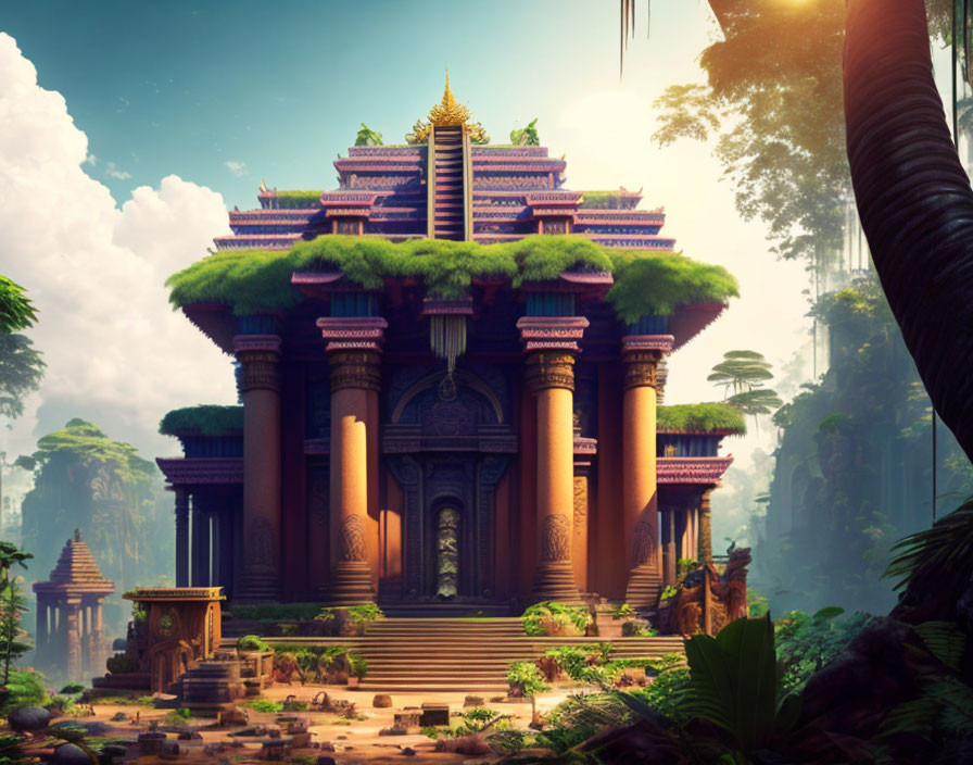 Ornate ancient temple in lush forest under warm sunlight