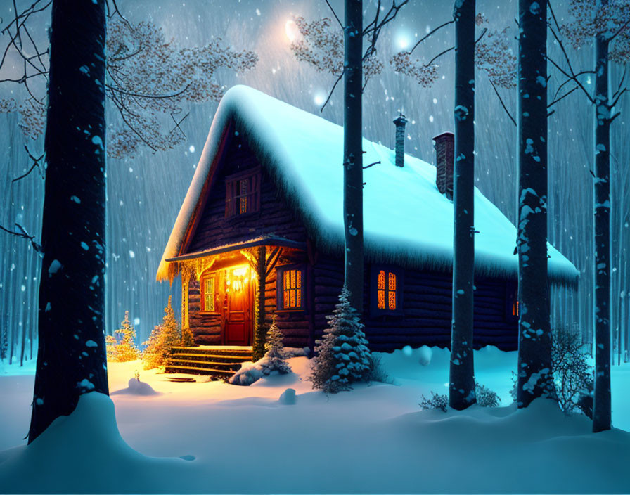 Snowy forest night scene: Cozy wooden cabin with glowing windows