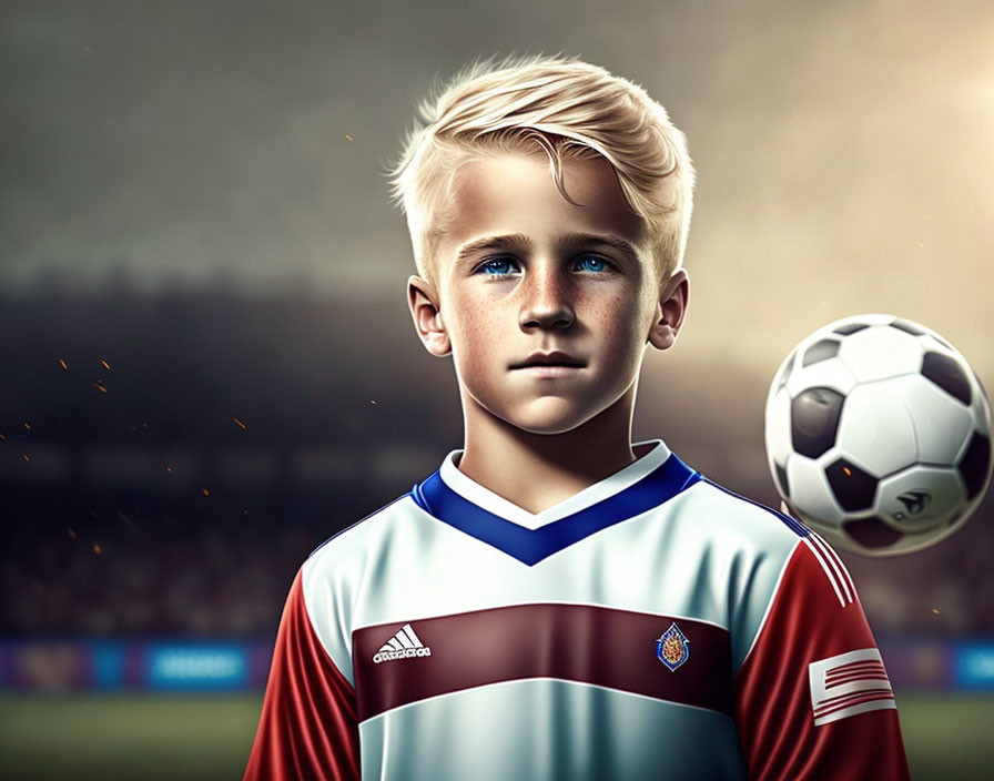 Blond-Haired Boy in Striped Soccer Kit at Stadium