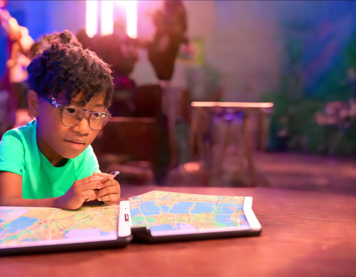 Curly-Haired Child with Glasses Examines Map on Table