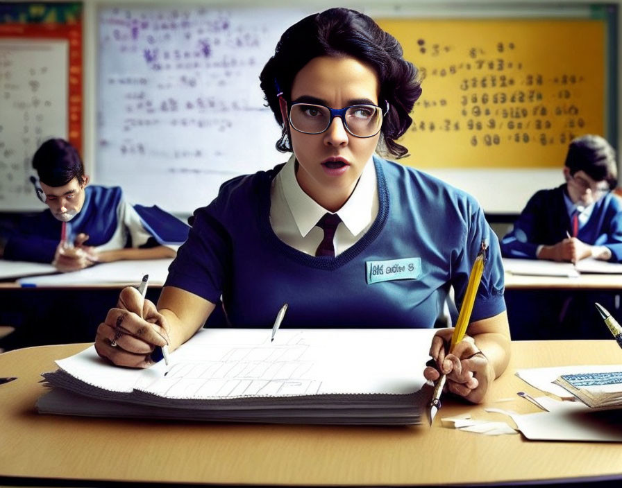 Student in uniform taking notes in classroom setting