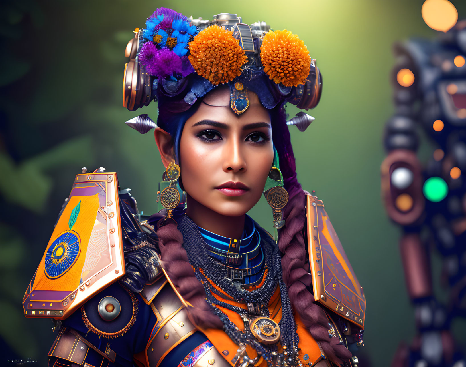 Woman in futuristic armor with flowers, jewelry, and tech elements, alongside blurred robotic figure