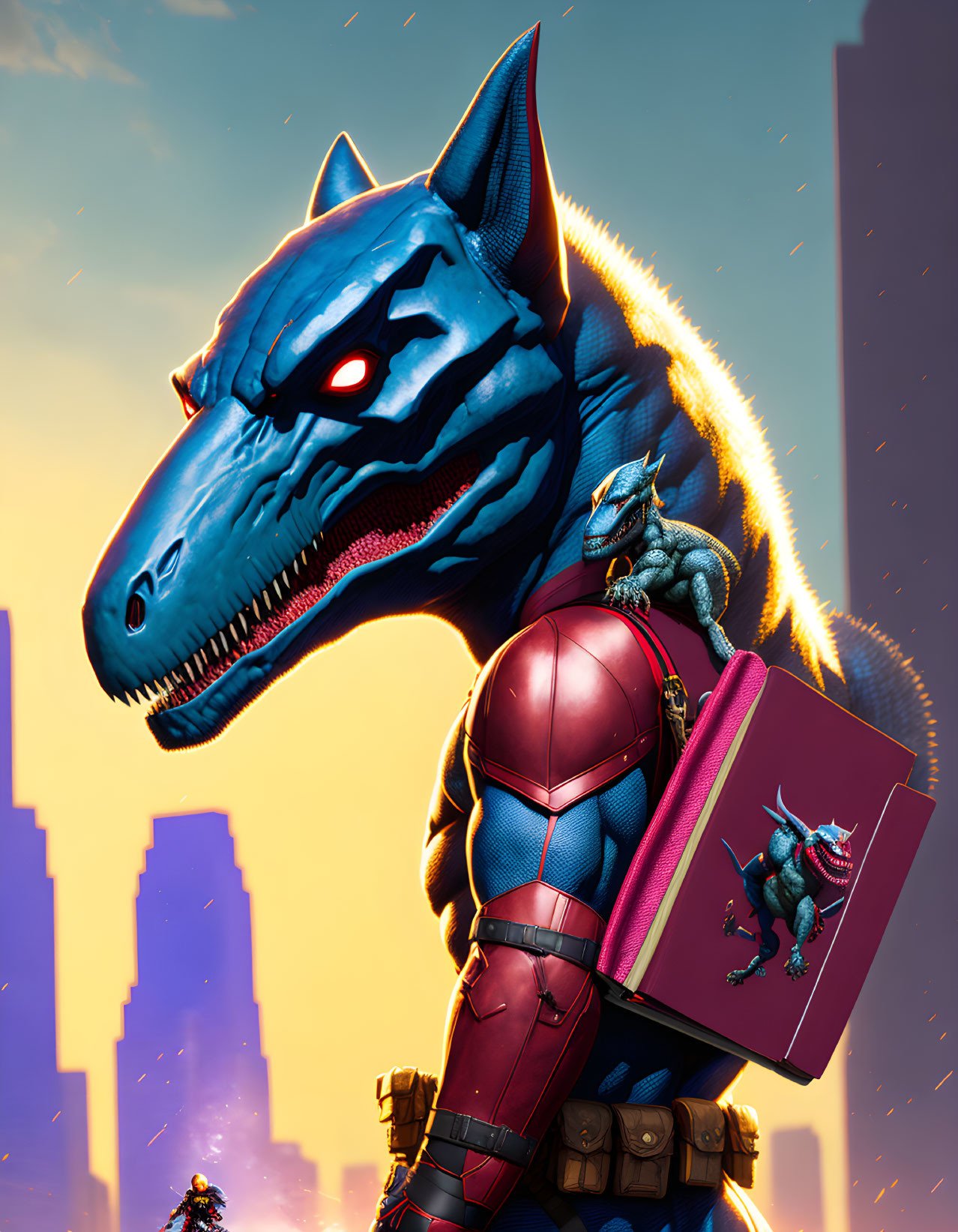 Character in red and blue armor suit with dinosaur helmet, holding small creature and red book against city sunset