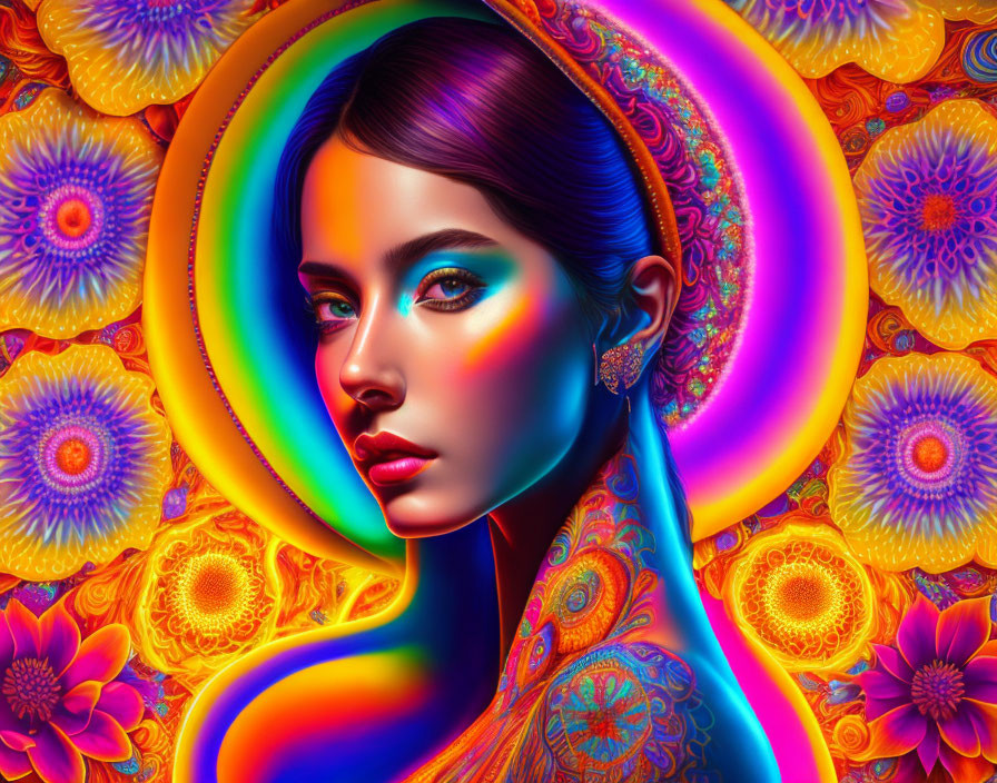 Colorful digital artwork: Woman with mandala and peacock feather patterns