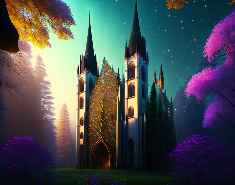 Majestic gothic castle in vibrant autumn forest at twilight