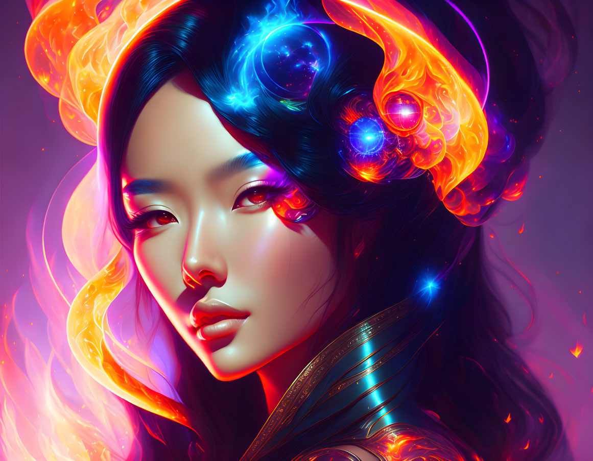 Colorful digital portrait of a woman with luminescent, swirling hair in orange and blue hues.