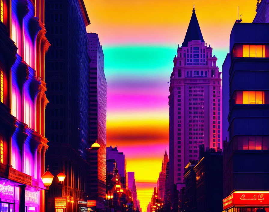 Colorful sunset cityscape with neon-lit buildings and dramatic sky