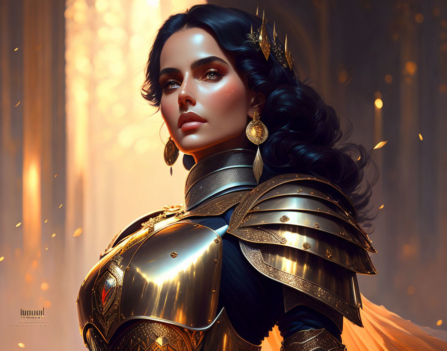 Dark-haired woman in golden armor in majestic hall