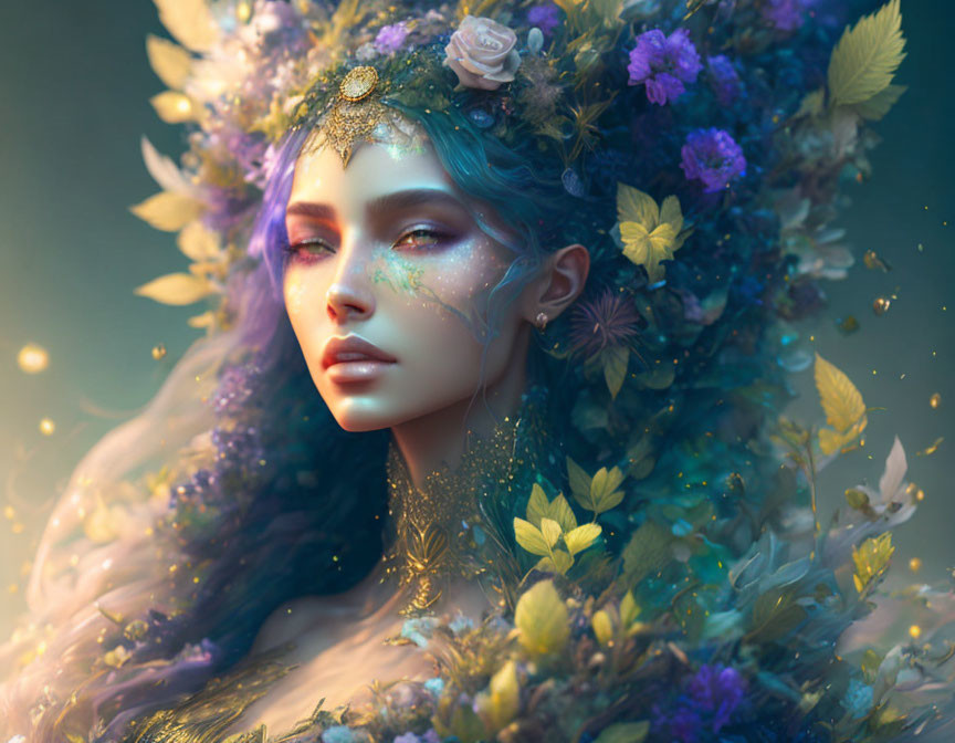 Woman with Blue Hair and Floral Headdress in Ethereal Setting