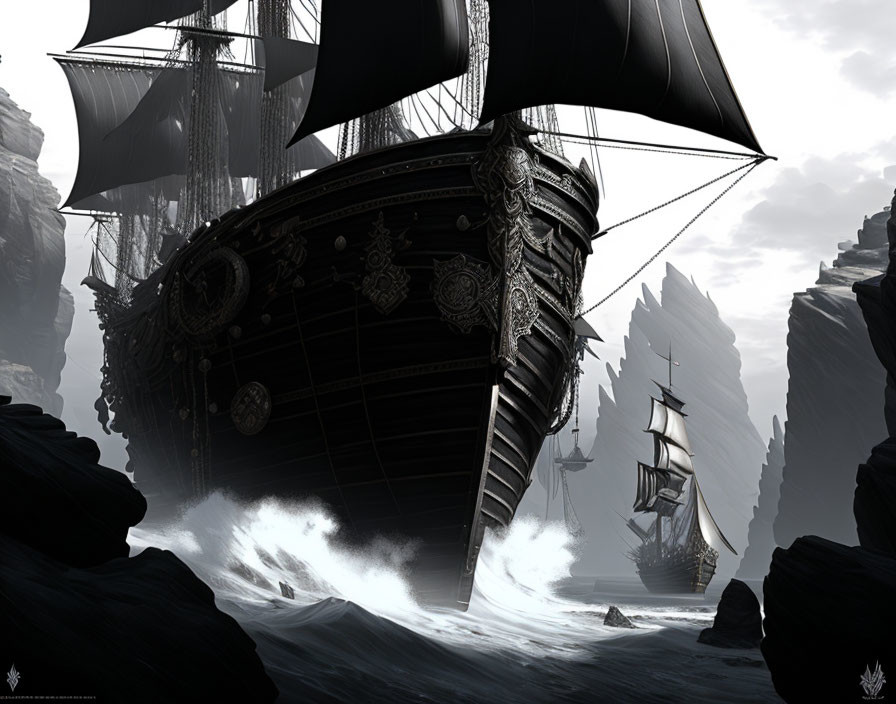 Monochromatic galleon sailing turbulent seas near towering rocks.