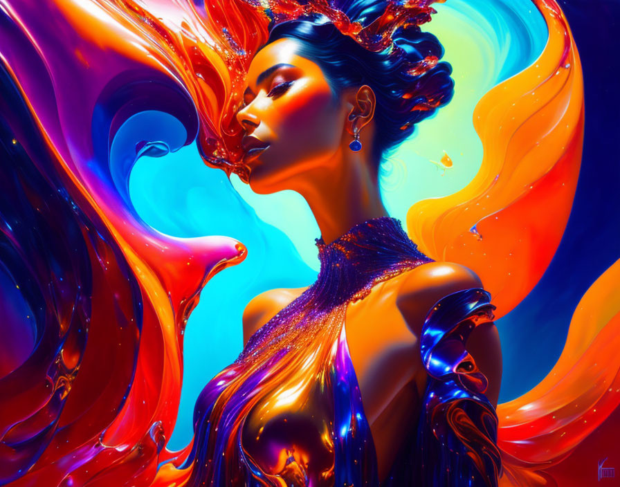 Colorful digital artwork: Woman with flowing, liquid-like mane in blue, orange, and red.