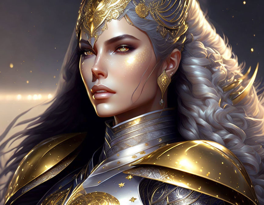 Female character in gold armor with crown and white hair on starry night background