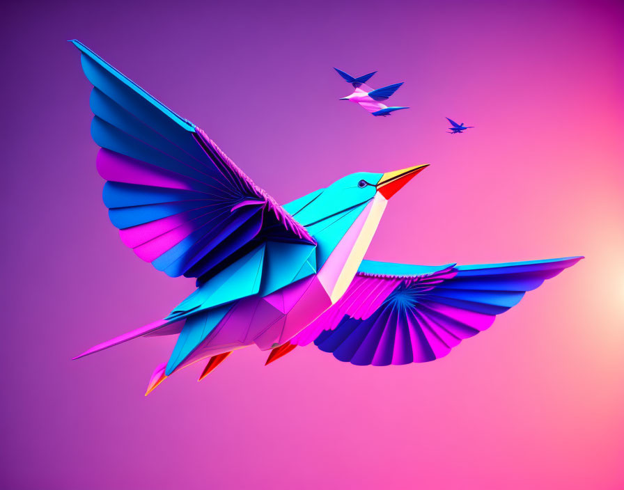 Vibrant origami birds soar on pink and purple gradient.