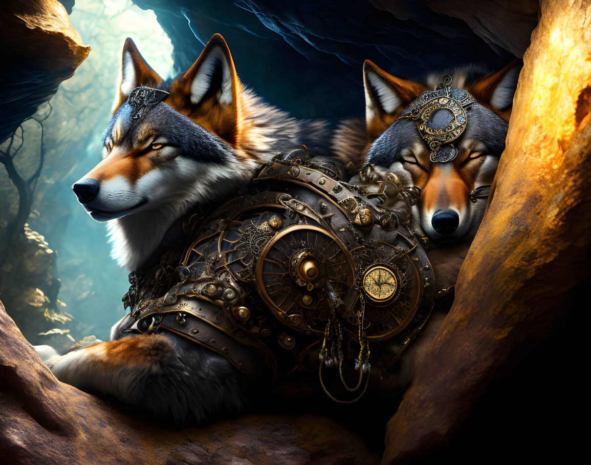 Detailed Steampunk Wolves in Mystical Forest Den