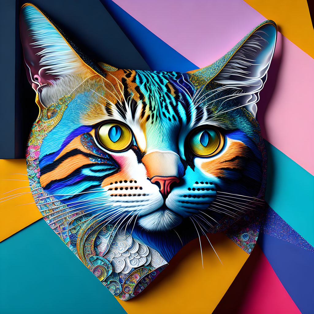 Colorful digital artwork featuring a multicolored cat's face against a geometric backdrop.