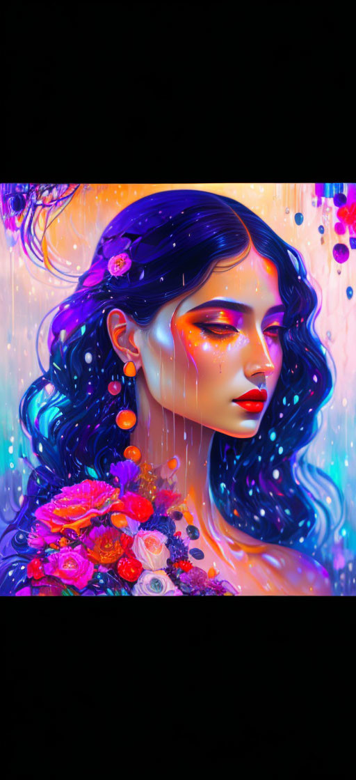 Colorful digital artwork: Woman with blue hair and flowers, vibrant colors, paint drips, star