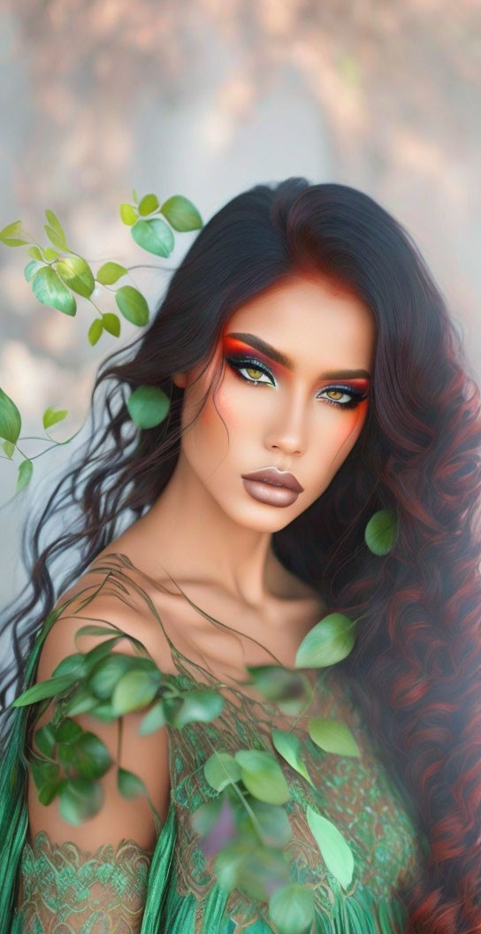 Striking orange eye makeup on woman with auburn hair and green foliage.