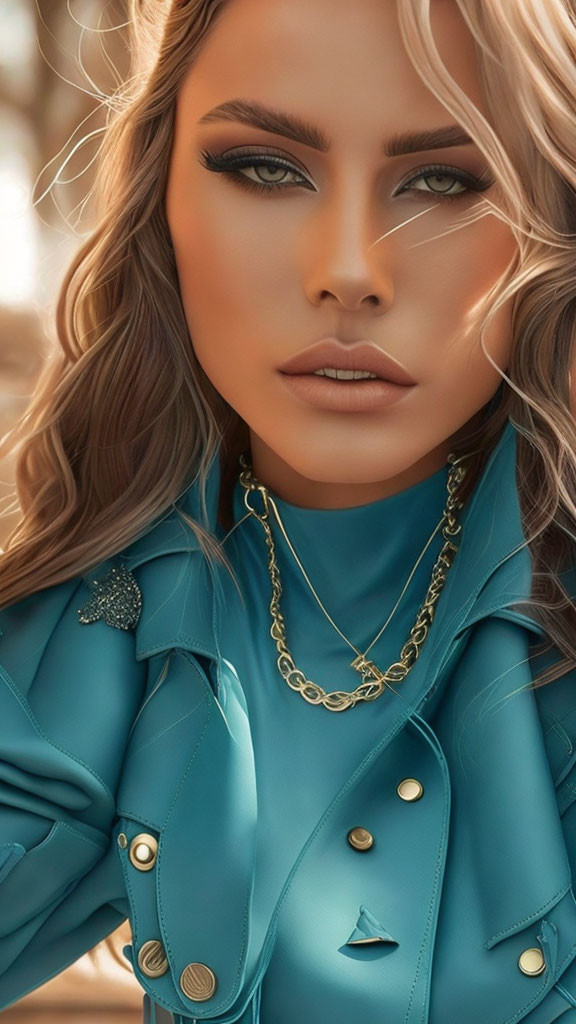 Close-up of woman with striking makeup in teal jacket and gold accessories.