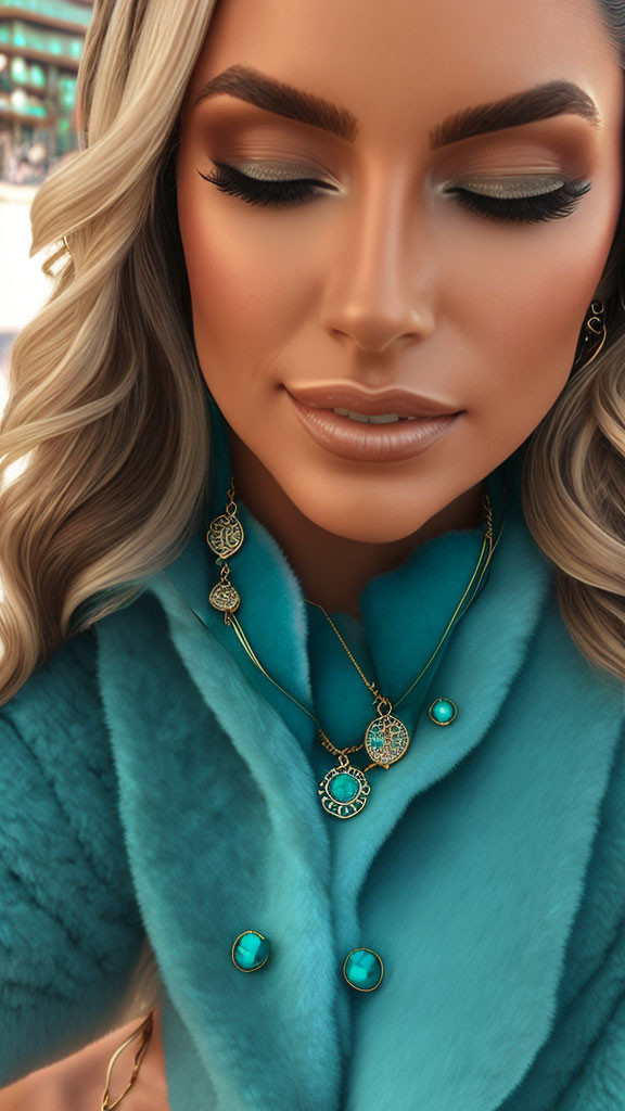 Detailed Digital Portrait of Woman in Teal Outfit & Golden Jewelry