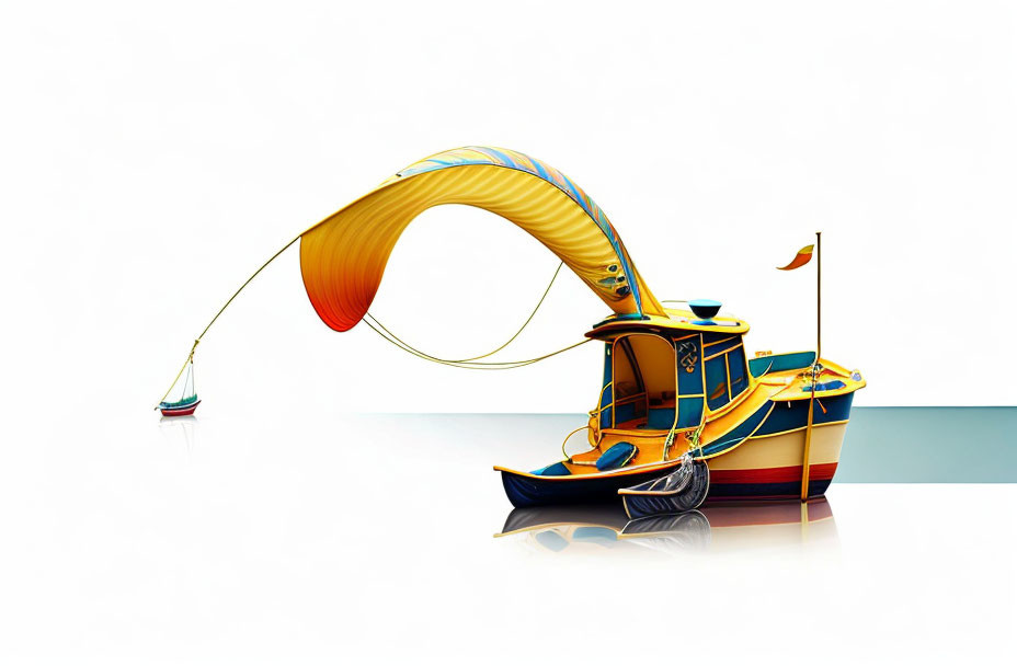 Vibrant digital art: stylized fishing boat with whimsical rod and fish.