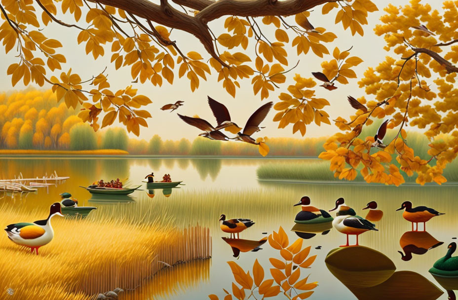 Autumn lake scene with ducks, colorful trees, birds, boats, and serene reflection.