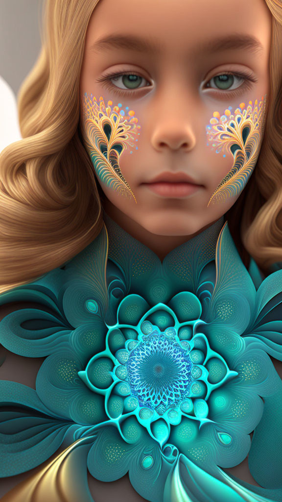 Digital art portrait of girl with blue eyes and blonde hair and intricate turquoise and gold floral patterns.