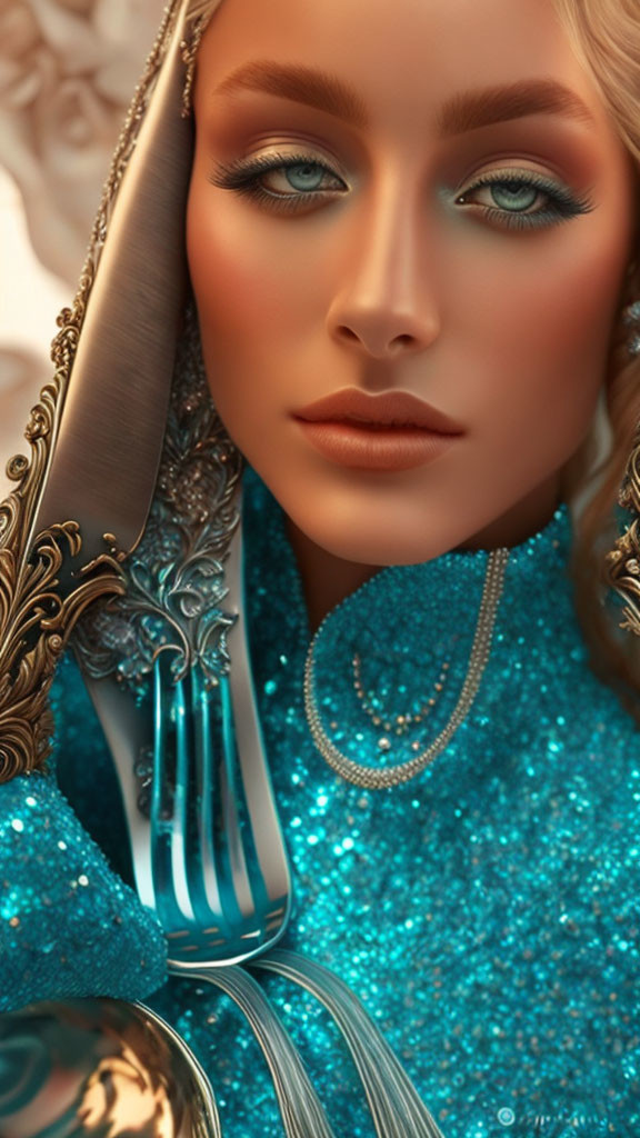 Woman with Blue Eyes in Shimmering Blue Dress and Silver Headpiece Reflected in Detailed Mirror