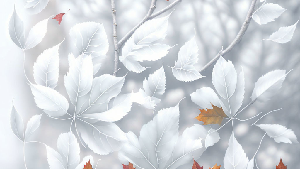 White Leaves on Branches Against Soft Foggy Background with Scattered Orange Leaves