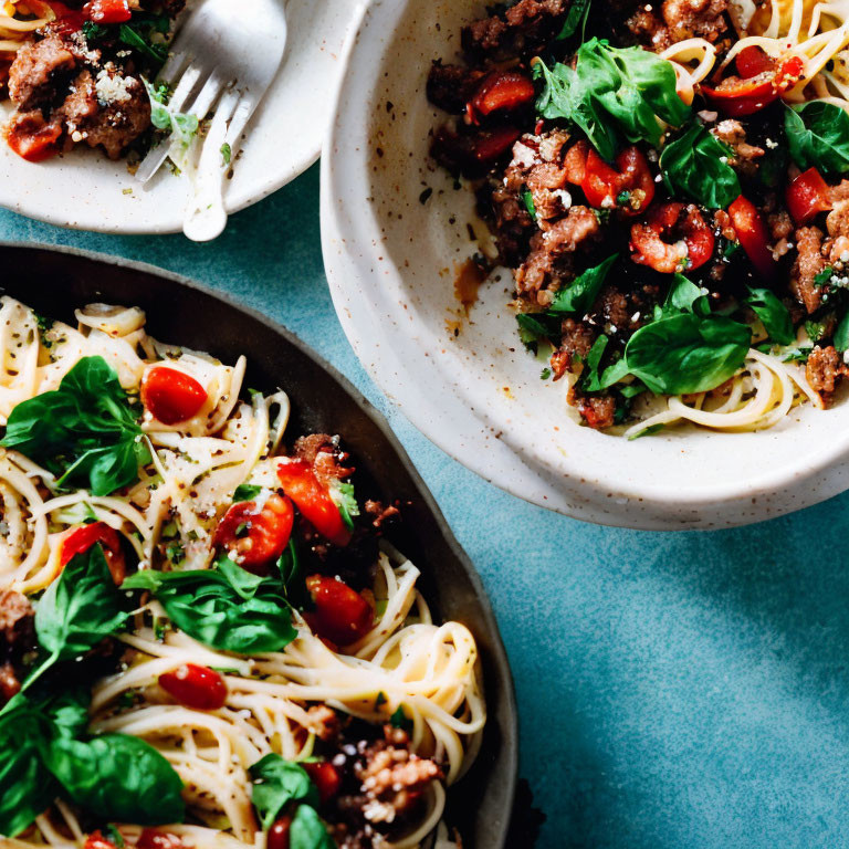 Spaghetti with Ground Meat, Cherry Tomatoes, and Basil on Teal Background