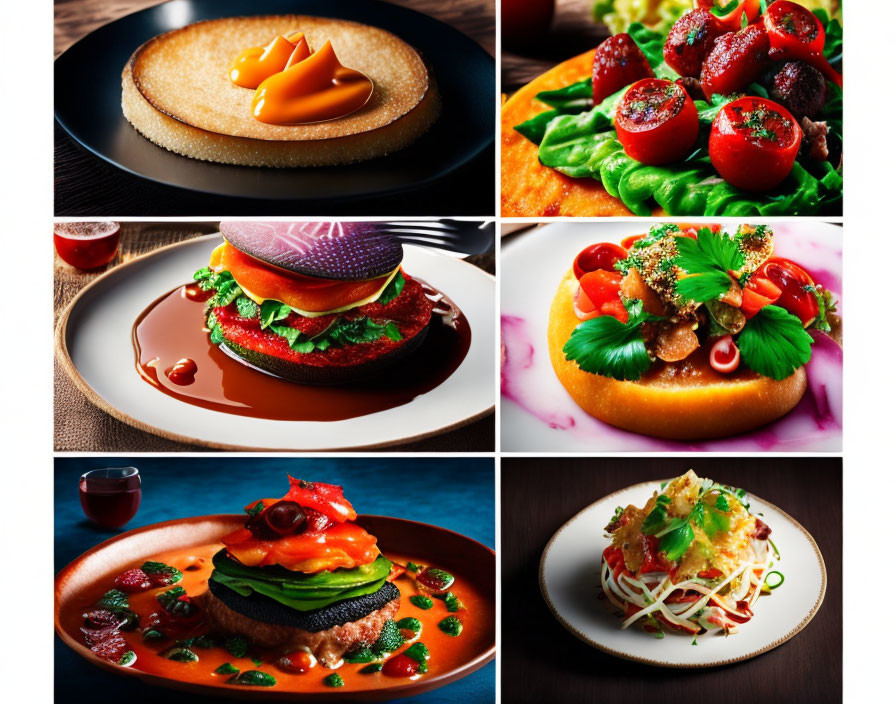 Six Gourmet Dishes: Desserts, Salads, Veggie Burger, Seared Meat,