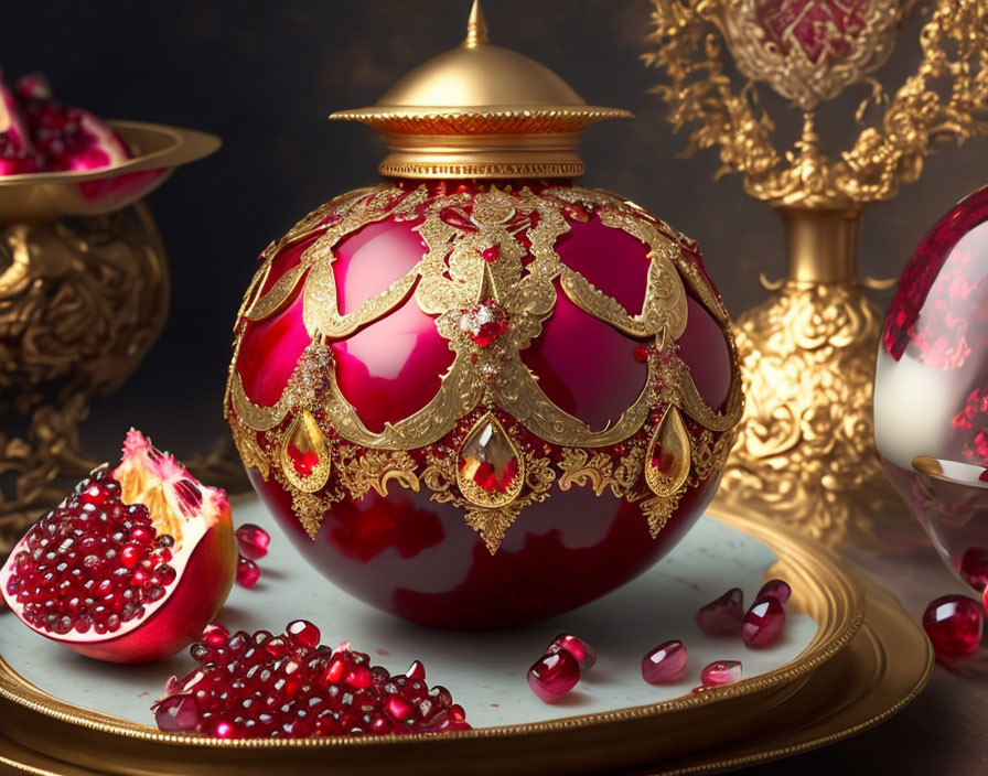 Red and Gold Ornate Bauble with Pomegranate Pieces and Elegant Decorations