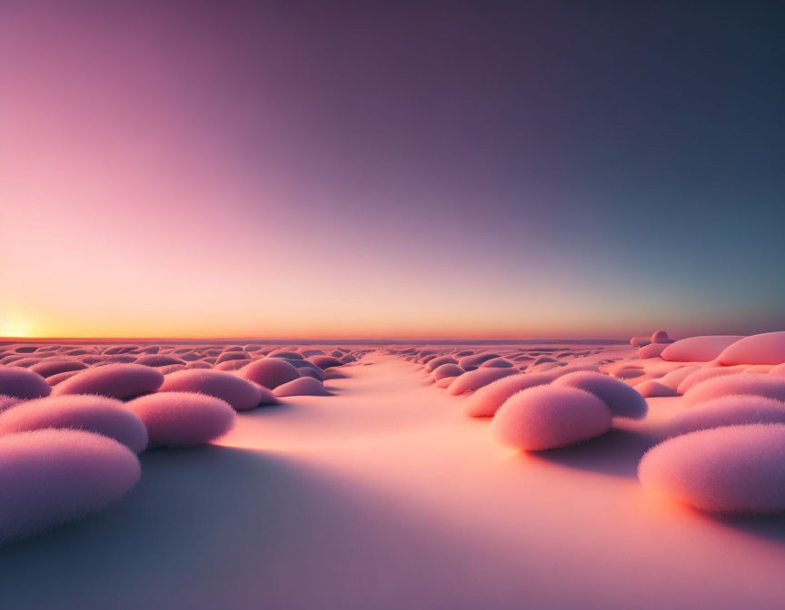 Surreal landscape with rounded shapes and cotton-candy-like texture under gradient sky