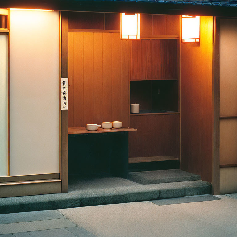 Japanese entrance with sliding doors, backlit sign, cups on shelf